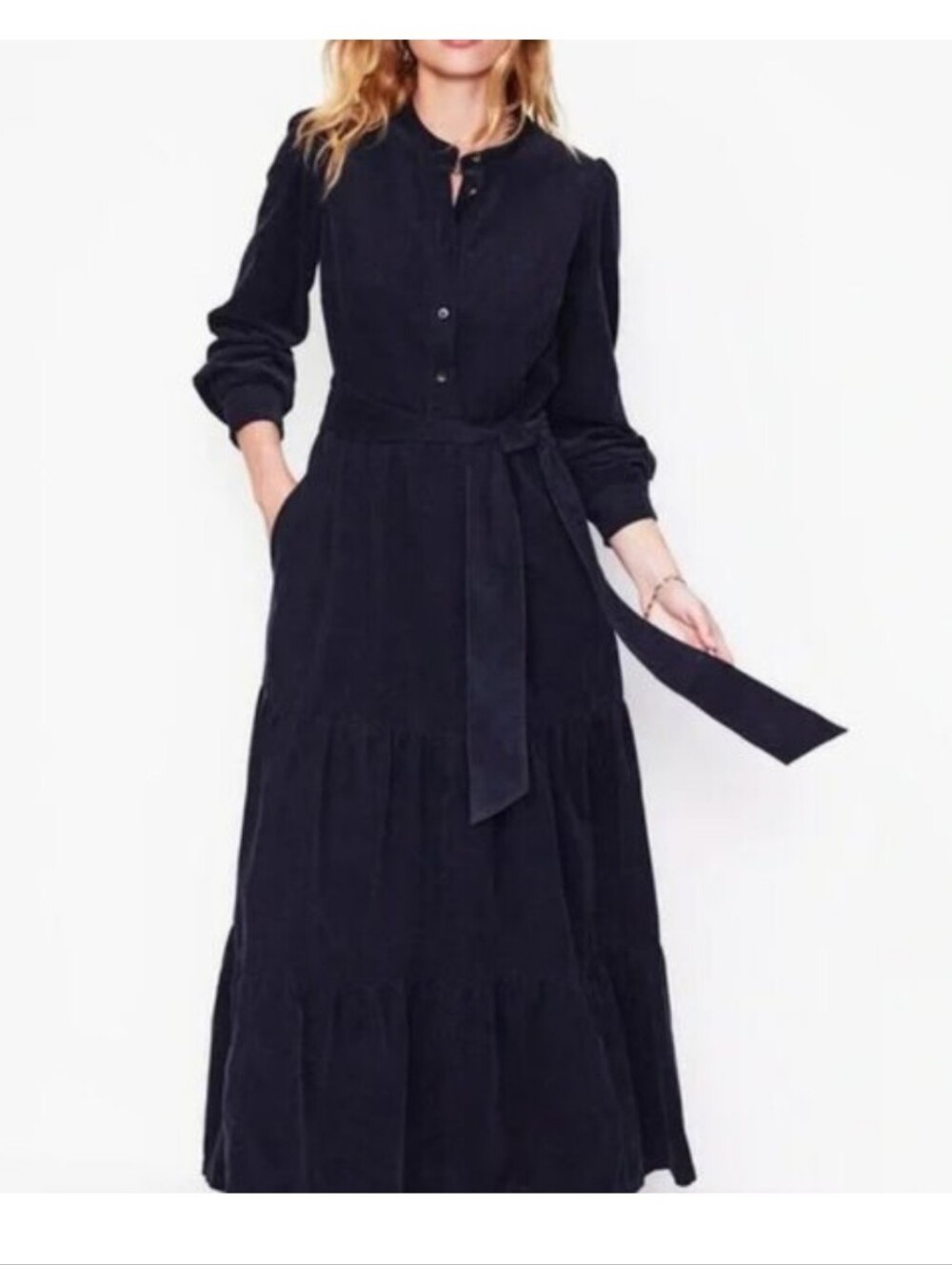 Boden Navy Corduroy Tiered Maxi Dress with Waist Tie: Alba 16/18 (sold out) flaw